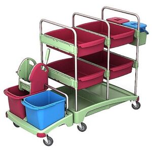 Cleankeeper Antibakterieller Systemwagen I - 9, 4 Wannen (60 x 40,5 x 14 cm), 2 x 20, 2 x 6 l Eimer - Blau/Pink, 1 Mopppresse