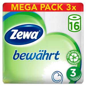 Essity Germany GmbH Zewa Bewährt Toilettenpapier Großpackung, 3-lagiges Toilettentuch, 1 Packung = 3 x 16 Rollen = 48 Rollen à 150 Blatt