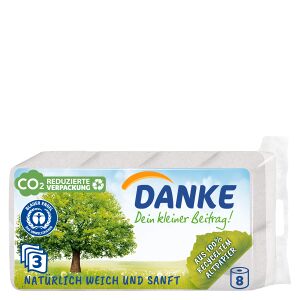 Essity Germany GmbH Danke Toilettenpapier aus 100 % Recyclingpapier, 3-lagig, naturweiß, 1 Packung = 8 Rollen à 150 Blatt