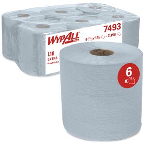 Kimberly Clark Professional WYPALL® L10 Extra Wischtücher 7493 Roll Control, 1-lagig, blau, Format: 19 x 38 cm, 1 Paket = 6 Rollen à 525 Blatt