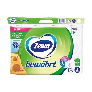 Essity Germany GmbH Zewa Bewährt Toilettenpapier, 3-lagig mit Strohanteil, Sanftig weiße Toilettentücher, 1 Packung = 24 Rollen à 150 Blatt