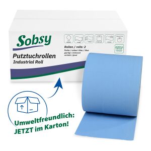 Sobsy Putztuchrolle, Industriepapierrolle ? 25 cm, 2-lagig, Blaue Putztücher aus 100% Zellstoff, Blatt-Länge 36 cm x -Breite 22 cm, 1 Karton = 2 Rollen à 500 Blatt