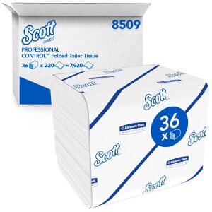 Kimberly Clark Professional SCOTT® Control™ Toilettenpapier, 2-lagig, weiß, Hochwertiges Einzelblatt Klopapier aus 100 % recycelten Fasern, 1 Karton = 36 Packungen à 220 Blatt = 7920 Blatt