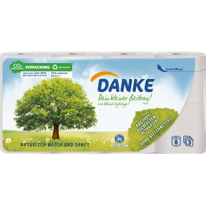 Essity Germany GmbH Danke Toilettenpapier naturweiß, 3-lagig, Klopapier aus 100 % recyceltem Altpapier ohne Bleichmittel, 1 Packung = 8 Rollen à 150 Blatt