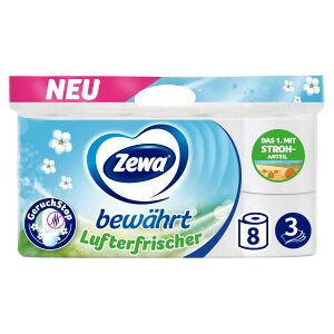 Essity Germany GmbH Zewa Bewährt Lufterfrischer Toilettenpapier, 3-lagig, Klopapier mit Strohanteil neutralisiert unangenehme Gerüche, 1 Packung = 8 Rollen à 150 Blatt