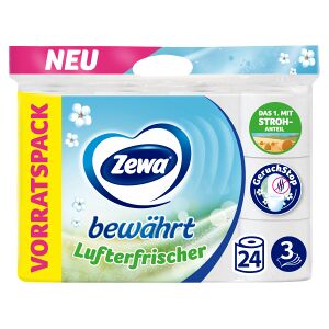 Essity Germany GmbH Zewa Bewährt Lufterfrischer Toilettenpapier, 3-lagig, Klopapier mit Strohanteil neutralisiert unangenehme Gerüche, 1 Packung = 24 Rollen à 150 Blatt