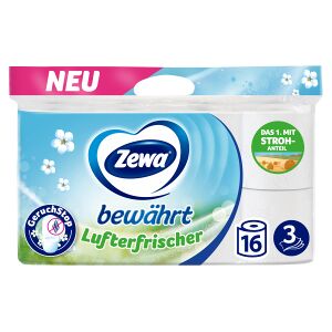 Essity Germany GmbH Zewa Bewährt Lufterfrischer Toilettenpapier, 3-lagig, Klopapier mit Strohanteil neutralisiert unangenehme Gerüche, 1 Packung = 16 Rollen à 150 Blatt