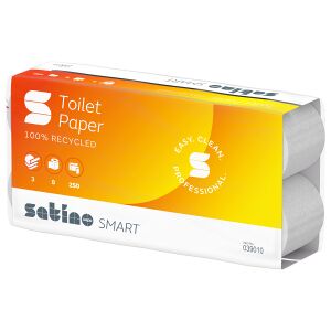 WEPA Professional GmbH Satino Smart Toilettenpapier, hochweiß, 3-lagig, MT1, Umweltfreundliches Klopapier aus 100% Recycling-Material, 1 Karton = 8 Packungen à 8 Rollen à 250 Blatt