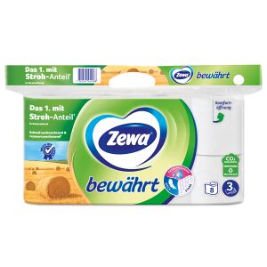 Essity Germany GmbH Zewa Bewährt Toilettenpapier, 3-lagig mit Strohanteil, Sanftig weiße Toilettentücher, 1 Packung = 8 Rollen à 150 Blatt