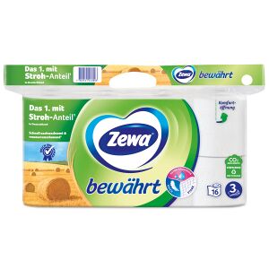Essity Germany GmbH Zewa Bewährt Toilettenpapier, 3-lagig mit Strohanteil, Sanftig weiße Toilettentücher, 1 Packung = 16 Rollen à 150 Blatt