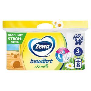 Essity Germany GmbH Zewa Bewährt Toilettenpapier, 3-lagig, Kamille mit Strohanteil, Toilettentuch mit angenehmen Kamilleduft, 1 Packung = 8 Rollen à 150 Blatt