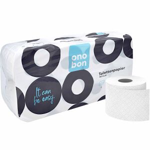 onobon Toilettenpapier 3-lagig, hochweiß, Hochwertiges Klopapier aus 100% Recycling-Material, 1 Paket = 9 Packungen à 8 Rollen