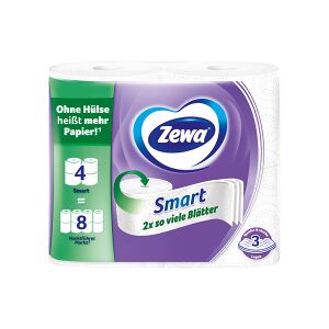 Zewa Smart Toilettenpapier, 3-lagiges Hybridpapier, ohne Hülse, 2 x so viele Blätter, 1 Polysack = 9 Packungen à 4 Rollen