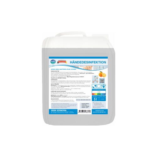 ARCORA International GmbH Arcora Händedesinfektion mit Orangenduft, Nicht reizendes Desinfektionsmittel zur hygienischen Händedesinfektion, 5 Liter – Kanister