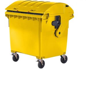kaiserkraft Contenedor de basura de plástico, DIN EN 840, capacidad 1100 l, H x A x P 1360 x 1465 x 1100 mm, tapa corredera, seguro para niños, amarillo
