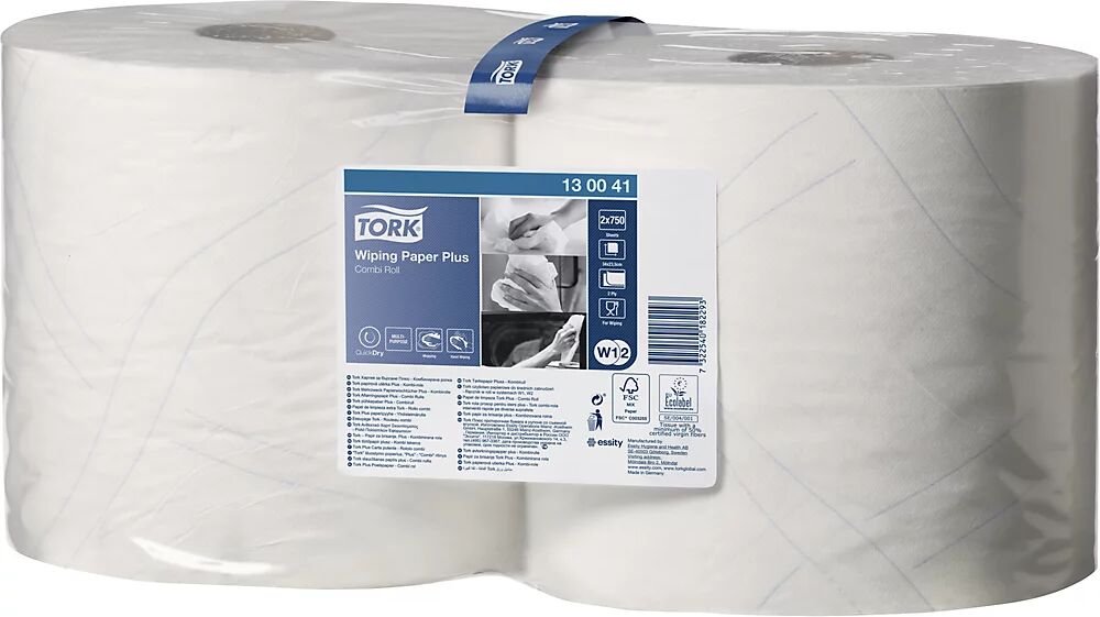 TORK Toallitas de papel multiusos, calidad híbrida, 2 capas, blancas, UE 2 rollos, 1500 hojas/rollo