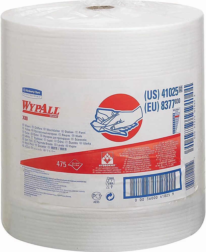 Kimberly-Clark Rollo grande de paños de limpieza WypAll® X80 8377, 475 paños de 340 x 315 mm, de 1 capa