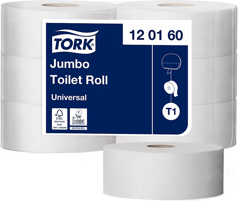 TORK Papel higiénico Jumbo, rollo industrial, tissue Standard, de 1 capa, blanco, UE 6 rollos, a partir de 1 UE