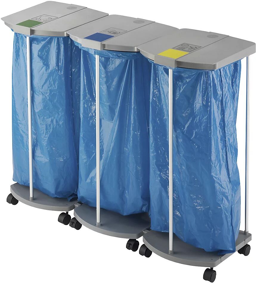 Hailo Soporte para bolsas de basura con 250 bolsas de basura azules, ProfiLine MSS XXXL, 3 x 120 l, H x A x P 1000 x 1330 x 450 mm, sobre ruedas