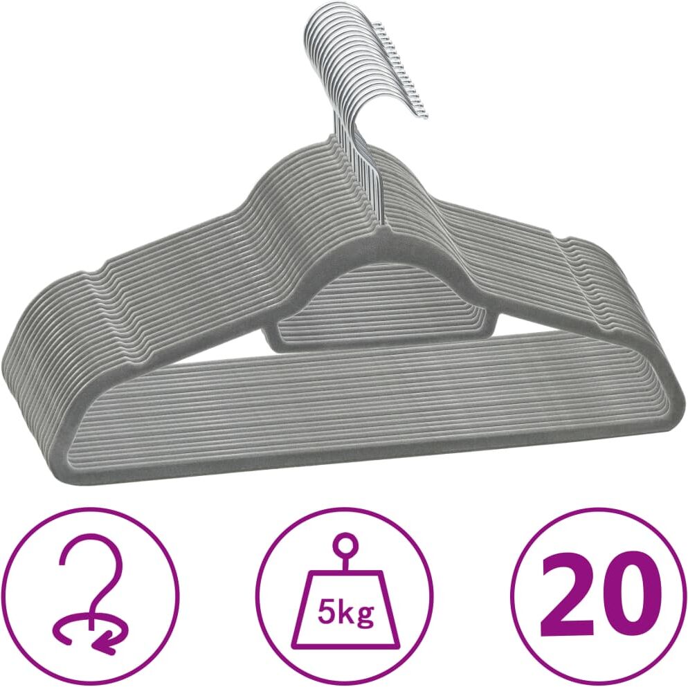 vidaXL Juego de perchas de ropa 20 uds antideslizantes terciopelo gris