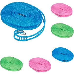 Relaxdays - Corde à linge, lot de 6, 5 m, antidérapante, fil flexible avec crochets, pour camping, bleu - rose - vert - Publicité