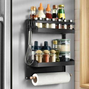 Odipie - Etagere Magnetique Frigo, Multifonction Etagere Epice Magnétique Puissant, Rangement Cuisine Gain de Place avec Porte Sopalin et 4 Petit Crochets pour Réfrigérateur, Machines à Laver (Noir) - Publicité