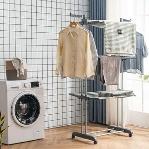 SKECTEN Etendoir à Linge Pliable, Séchoir à Vêtements Mobile, Etendage à Linge, 3 Etages 4 Roues, Ailes latérales, Tubes en Acier Inoxydable avec Espace Stockage Inferieur pour Chaussures (Argent Gris) - Publicité