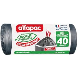 Alfapac - 10 sacs-poubelle 40L à lien coulissant ultra-resistant ouverture large fabriqués en France bi-matière recyclée & végétale - Publicité