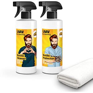 LAAV Kit Nettoyant pour Tissus (3 pcs.) I Nettoyant de Tissu, Canapé, Tapis TEXTILE CLEANER (500 ml) I Imperméabilisant Canapé Textiles TEXTILE PROTECTOR (500 ml) I Chiffon de Nettoyage en Microfibre - Publicité