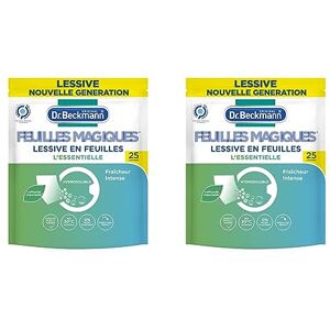 Beckmann FEUILLES MAGIQUES Lessive L'ESSENTIELLE   Format pré-dosé, pratique et léger   100% hydrosoluble, facile à utiliser et ranger   25 feuilles (Lot de 2) - Publicité