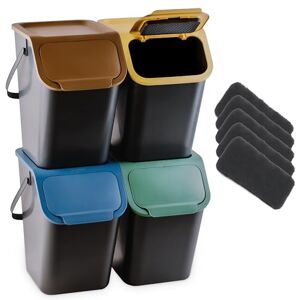 Go Practic Lot de 4 poubelles et 4 filtres à charbon bio actif, boîte empilable avec couvercle à clic, système de séparation des déchets de cuisine, système de tri des déchets, 4 couleurs de 25l - Publicité