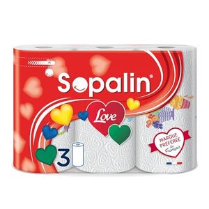 SOPALIN Love – x3 Rouleaux – Triple épaisseur – Décors originaux – Emballage 80% plastique recyclé – Papier certifié FSC® Mixte (C017535) - Publicité