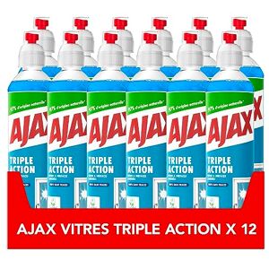 AJAX Vaporisateur Nettoyant Vitres Triple Action Vitres & Surfaces Laminées 100 % Sans Traces & Action Anti-Buée- 97% Ingrédients d'Origine Naturelle Ecolabel Lot de 12 x 550 ml - Publicité