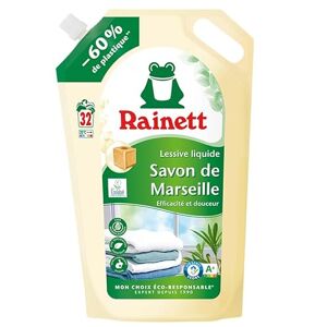Rainett Lessive Liquide Tensioactifs d'Origine Végétale Efficace Dès 20° Ecolabel Savon de Marseille 32 Lavages Éco-Recharge 1,6 L - Publicité