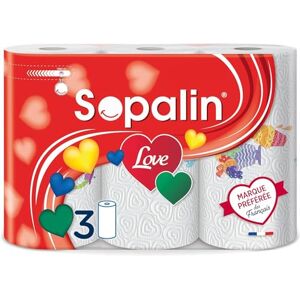 SOPALIN Love – x3 Rouleaux – Triple épaisseur – Décors originaux – Emballage 80% plastique recyclé – Papier certifié FSC® Mixte (C017535) - Publicité