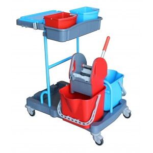 Thomas Chariot d'entretien Compact Gris en PP + presse à mâchoires + 2 seaux 22L Rouge Bleu