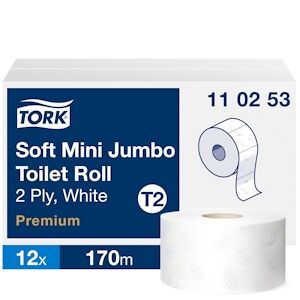 TORK Colis de 12 Bobines Papier toilette Mini Jumbo Premium doux 2 plis L170 m x D18 cm Blanc logo Bleu - Publicité