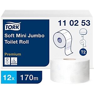 Tork Papier toilette en rouleaux Premium Mini Jumbo Soft T2, double épaisseur, gaufré, 1 214 feuilles, 97 mm, blanc - Publicité