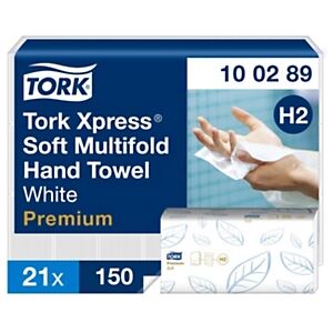 Tork Xpress Soft H2 Essuie-mains pliés Premium double épaisseur gaufrés pliage en Z 150 feuilles Blanc - lot de 21 - Publicité