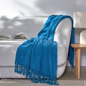 Plaid en maille chenille, a franges - Blancheporte Bleu Plaid : 130x170cm