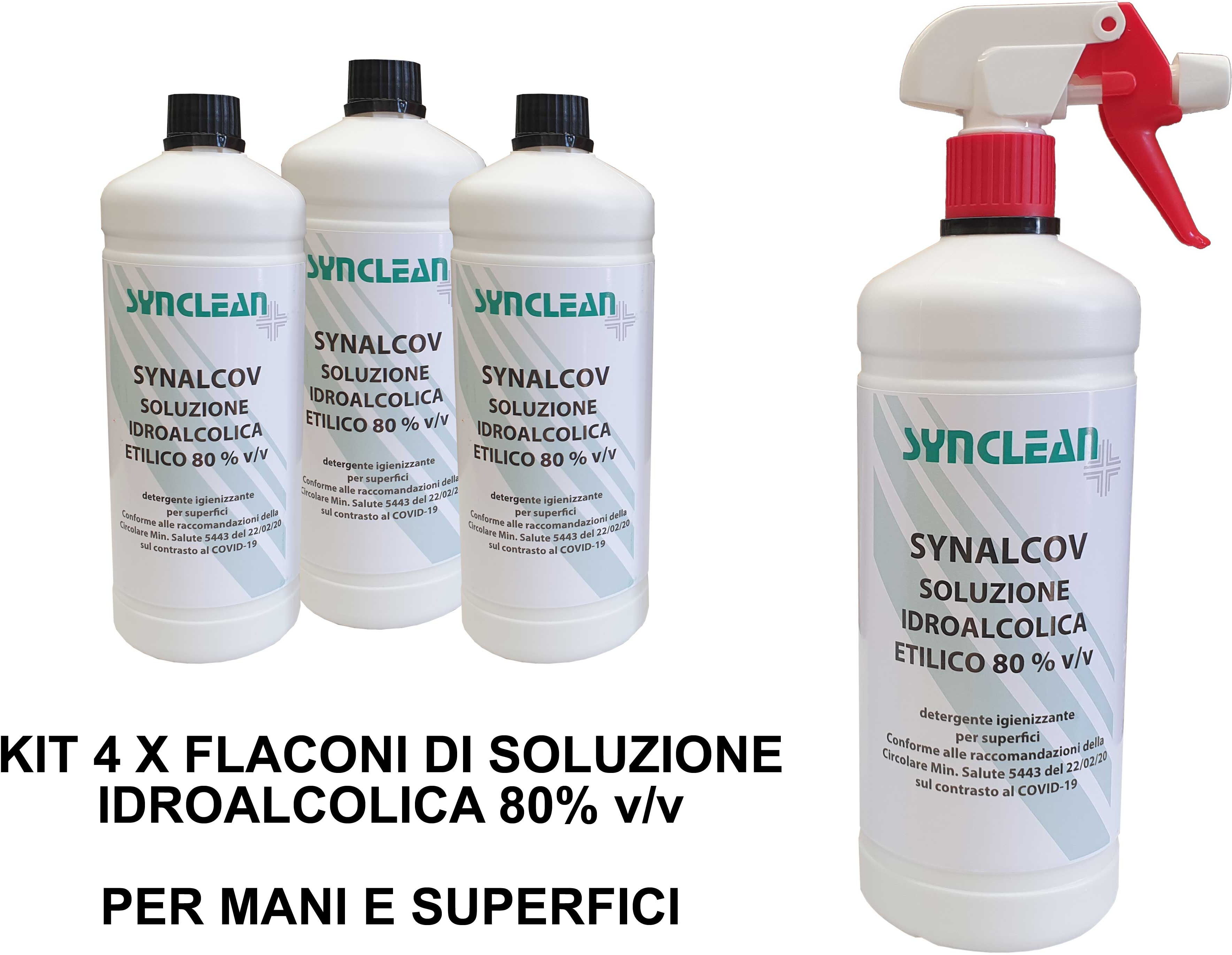 Synclean KIT 4 FLACONI SOLUZIONE IDROALCOLICA ETILICO 80% v/v SYNALCOV detergente senza risciacquo per mani, superfici e strumenti di lavoro