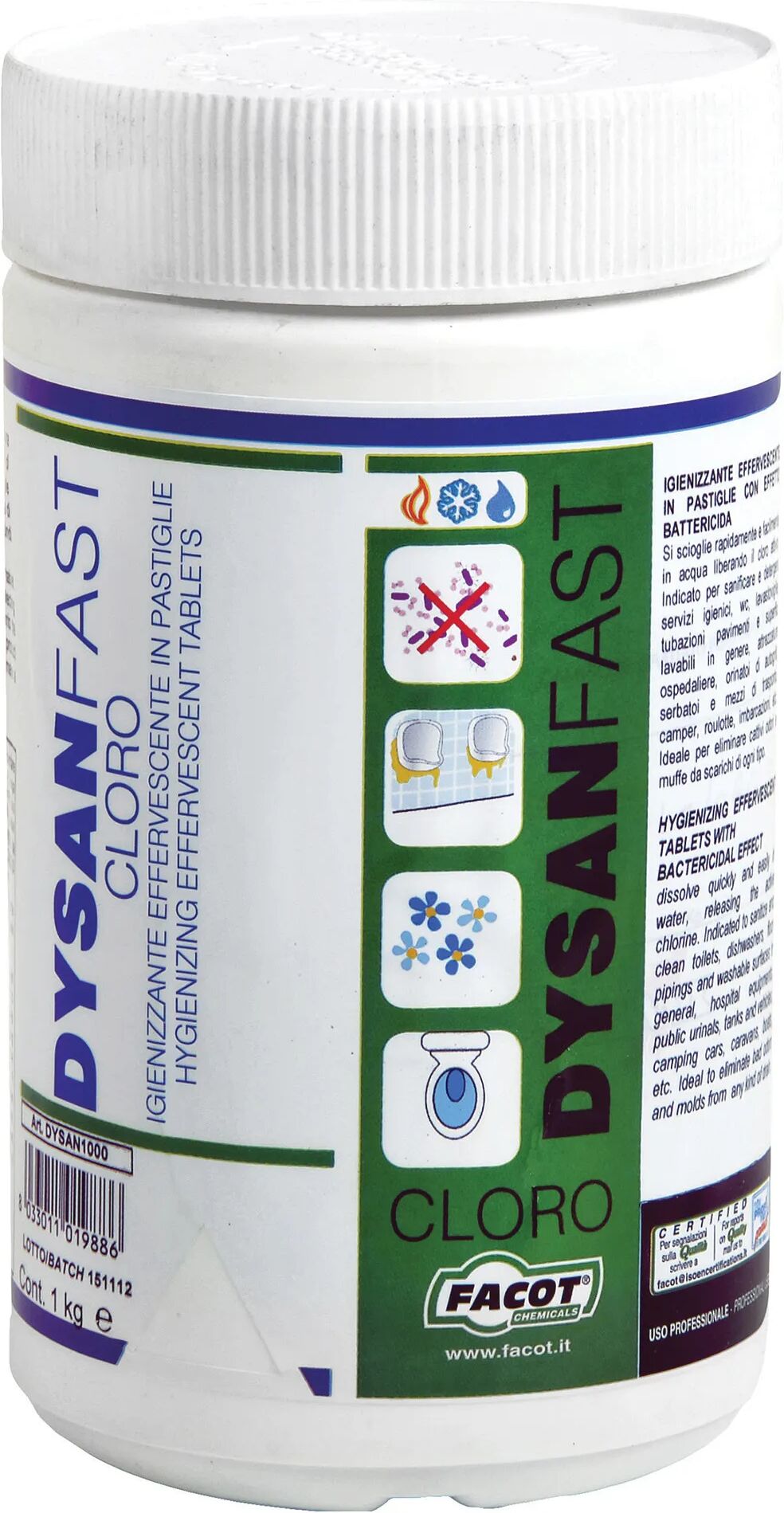 Facot IGIENIZZANTE  DYSANFAST CLORO  ANTIBATTERICO PER SANITARI 1 kg PASTIGLIE 3,5 gr