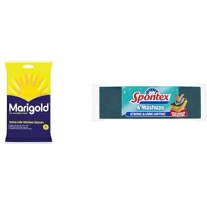 Marigold Unisex Gloves, Extra Life Kitchen Gloves Small, Yellow & Spontex Washups General Purpose Sponge Scourers, Long Lasting, 4 count (Pack of 1)