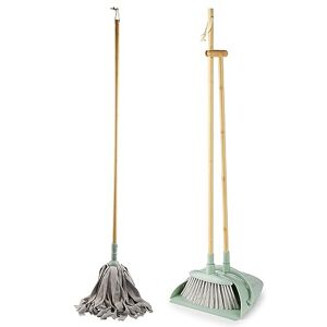Beldray COMBO-8870 Eco Microfibre 90cm Broom, 140cm, Super-Absorbent, Soft Bristles, New/Recycled Plastic, FSC-Certified Bamboo Handle, for All Floors, Green, Mop & Dustpan and Brush Set