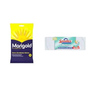 Marigold Unisex RUBBER GLOVES KITCHEN- Yellow, Pack of 1 & Spontex Washups Non Scratch Sponge Scourers, Pack of 4