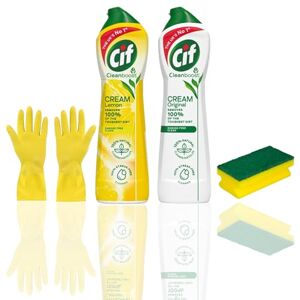 Holou Cif Cream Cleaner 2 Pack - Cif Cream Cleaners Original and Lemon with Sponge and Gloves - Perfect Household Cleaning Products Bundle