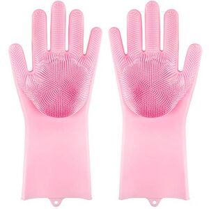 ele ELEOPTION Silicone Gloves, Dishwashing Gloves, Brushed Gloves, Heat Resistant Gloves Scrubber Household Cleaning Glove, Dishwashing, Car Wash, Animal Care (Pink)