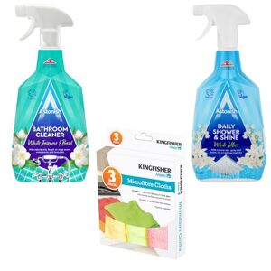 ReubsRetail Streak Free Foaming Bathroom Cleaner & Daily Shower Shine Combo + 3-Pack Microfiber Cloth Set for Deep Cleaning, Prevents Watermarks & Limescale - White Jasmine, Basil, and White Lilies Scented