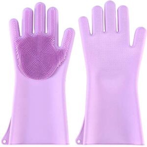 DadaA Magic Silicone Dishwashing Gloves Scrubbing Sponge Gloves for Dish, Kitchen, Car, Bathroom, Pet and More,1 Pair (Purple)