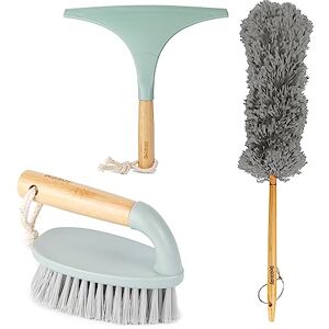 Beldray COMBO-8627A Eco Cleaning Set – With Scrubbing Brush, Shower/Window Squeegee, Fluffy Duster, For Tiles/Grout, Made from New and Recycled Plastic, FSC&#174;-Certified Bamboo Wooden Handles, Green